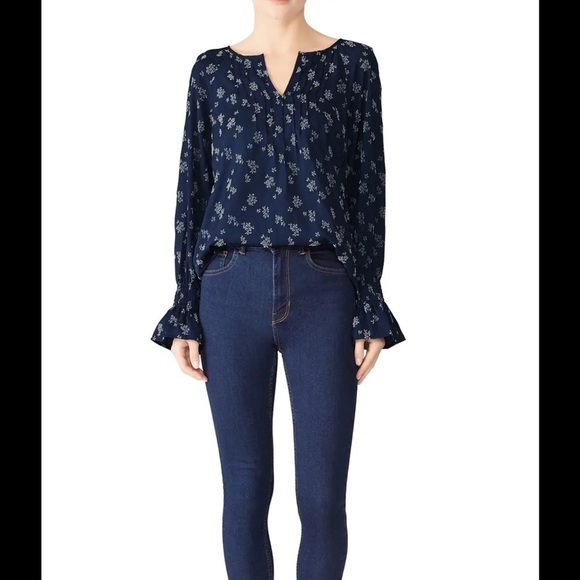 Michael Stars Pleated Front Flocking Print Navy Blue Peasant Blouse - Picture 1 of 13